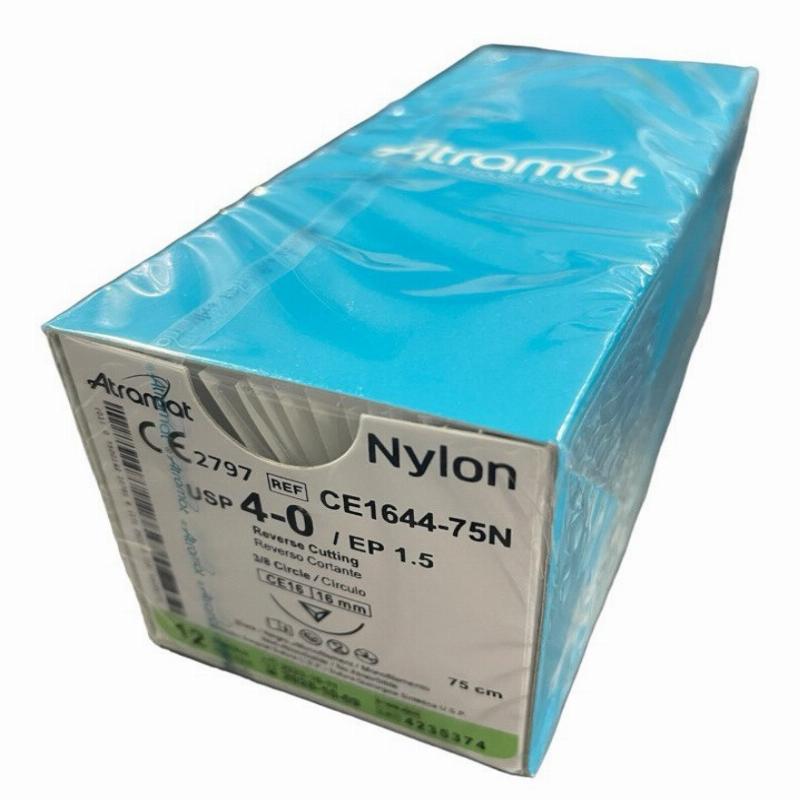 Нейлон (поліамід) CE1644-75N чорний монофіламент, що не розсмоктується USP 4-0 (EP1,5) зі зворотн.-ріж. голкою 16мм, 3/8кола, довж. нитки 75см